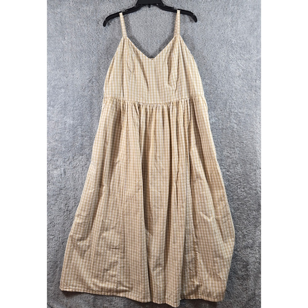 Old Navy Womens Tan Gingham Cotton Midi Dress V-Neck XL 880300-04-1 NEW